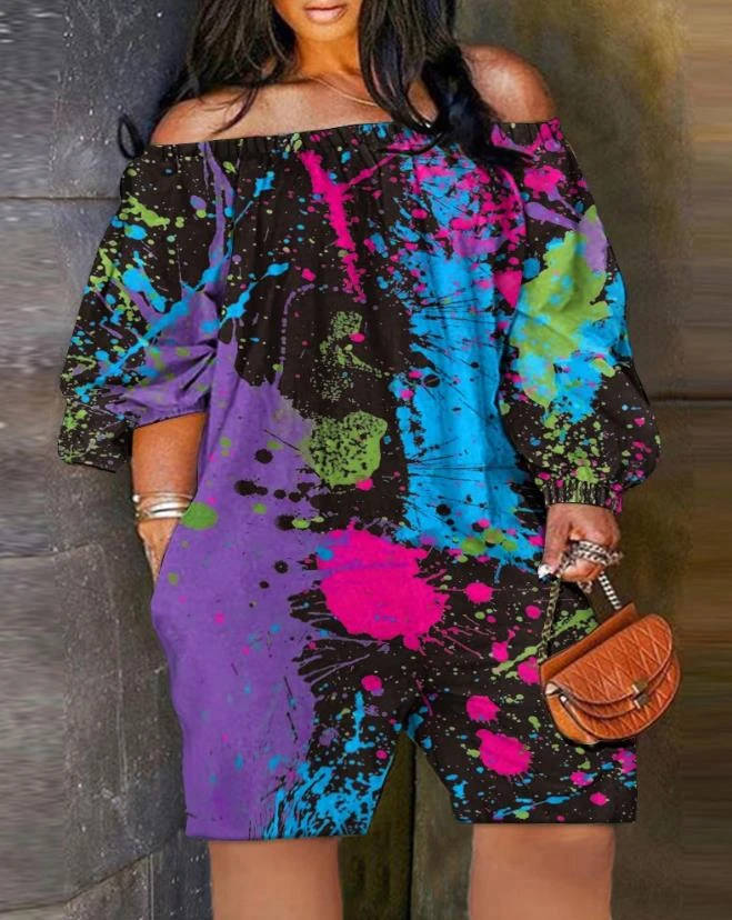 Rompers Woman 2023 Summer Ink Splash Print Off Shoulder Long Sleeve