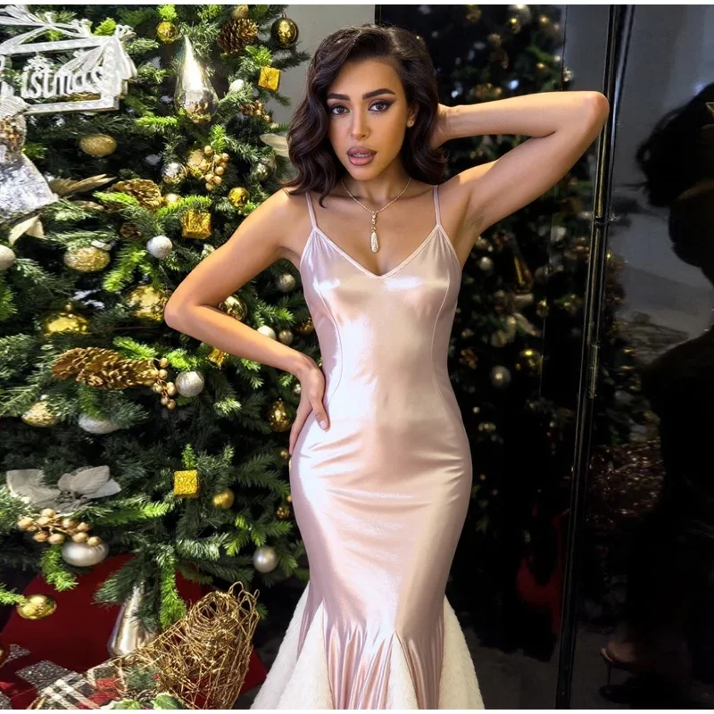 Langes Partykleid für Damen, Spaghettiträger, V-Ausschnitt, ärmellos, rückenfrei, Maxikleid, schickes Party-Abschlussball-Meerjungfrau-Kleid, Kleid 2026 – Detail 10