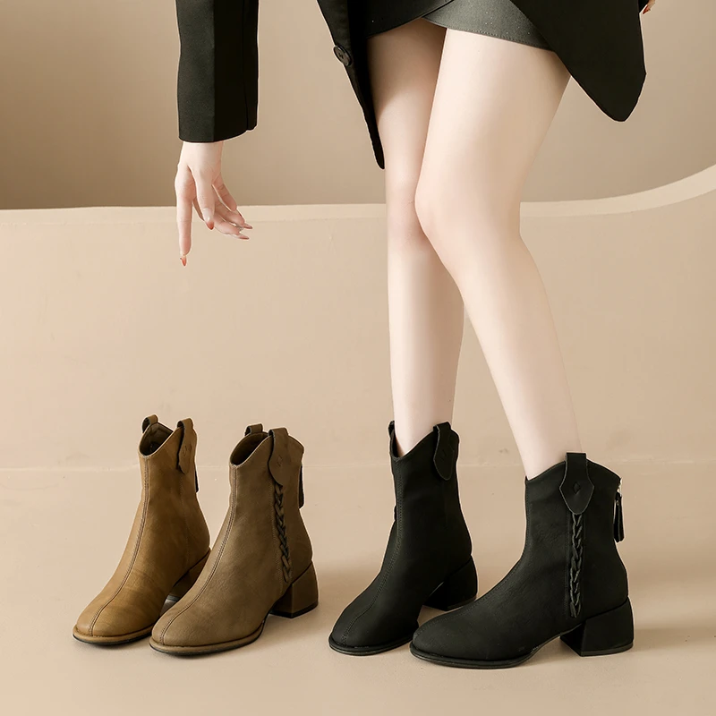 Aphixta 5cm High Heels Ankle Boots High Quality Leather Weave Dec Woman Autumn Shoes Back Zipper Modern Boot Ladies Footwear