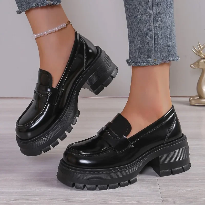 Shoes Female 2024 Fashion Slip-on Women's Loafers Sponge Bottom Autumn Mary Janes Round Toe Patent Leather Platform Shoes Ladies 3