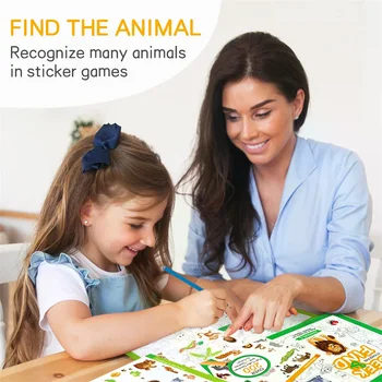 Libro di adesivi per bambini dai 3 ai 6 anni, educazione della prima infanzia, divertimento fai da te, libro di adesivi con animali da cercare e trovare