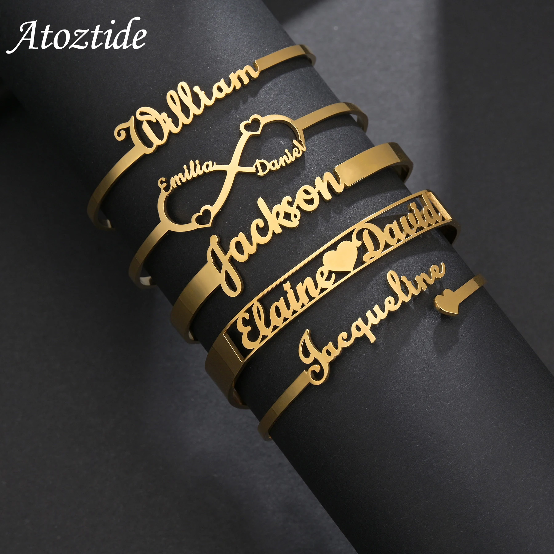 Atoztide Customized Name Bracelet Personalized Stainless Steel for Women Men Zircon Letter Custom Bangles Chrismas Jewelry Gift