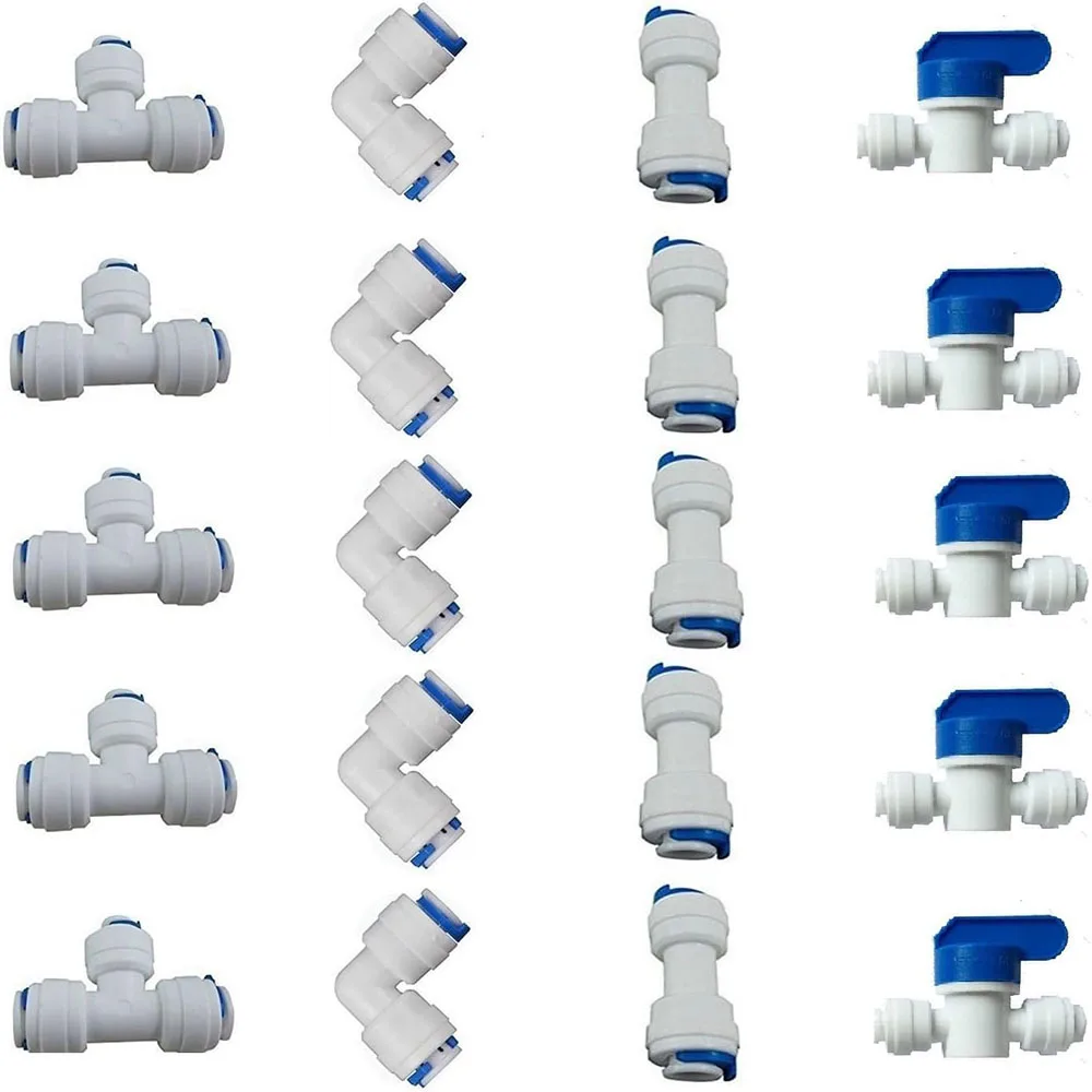 RO Water Tube Fitting Set Of 20 ball valve+T+I+L Type 1/4" OD Quick Connect Push In to Connect