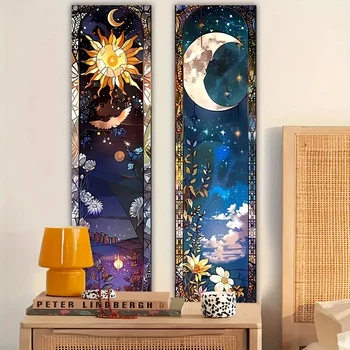 Plantes florales tableau tapisserie verticale soleil et lune tenture murale référence illustration art botanique tapisserie fleurs décor à la maison 1