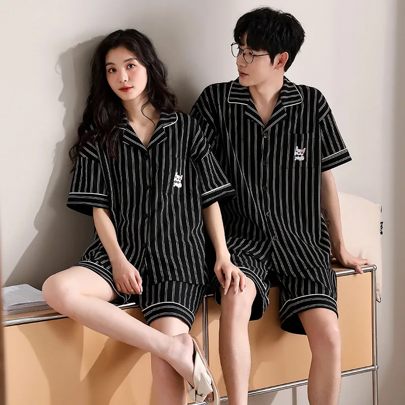 Couple Pajama Sets For Mens pyjama Loungewear Nightwear Short Sleeve Stripe Shorts Cotton Women Sleepwear Lover Pijamas Freeship summer cotton pajama men plaid short sleeve pants sleepwear pyjama hombre short pijamas nightwear homeclothes plus size 5xl