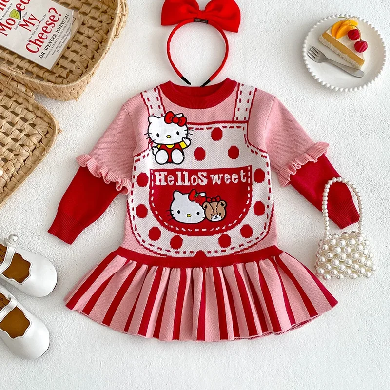 Nuovi Vestiti Per Bambini Per Ragazze Cute Cartoon Hello Kitty Dress And Bags Toddler Girl Dot Red Pink Knitted Dress Princess Party Dress