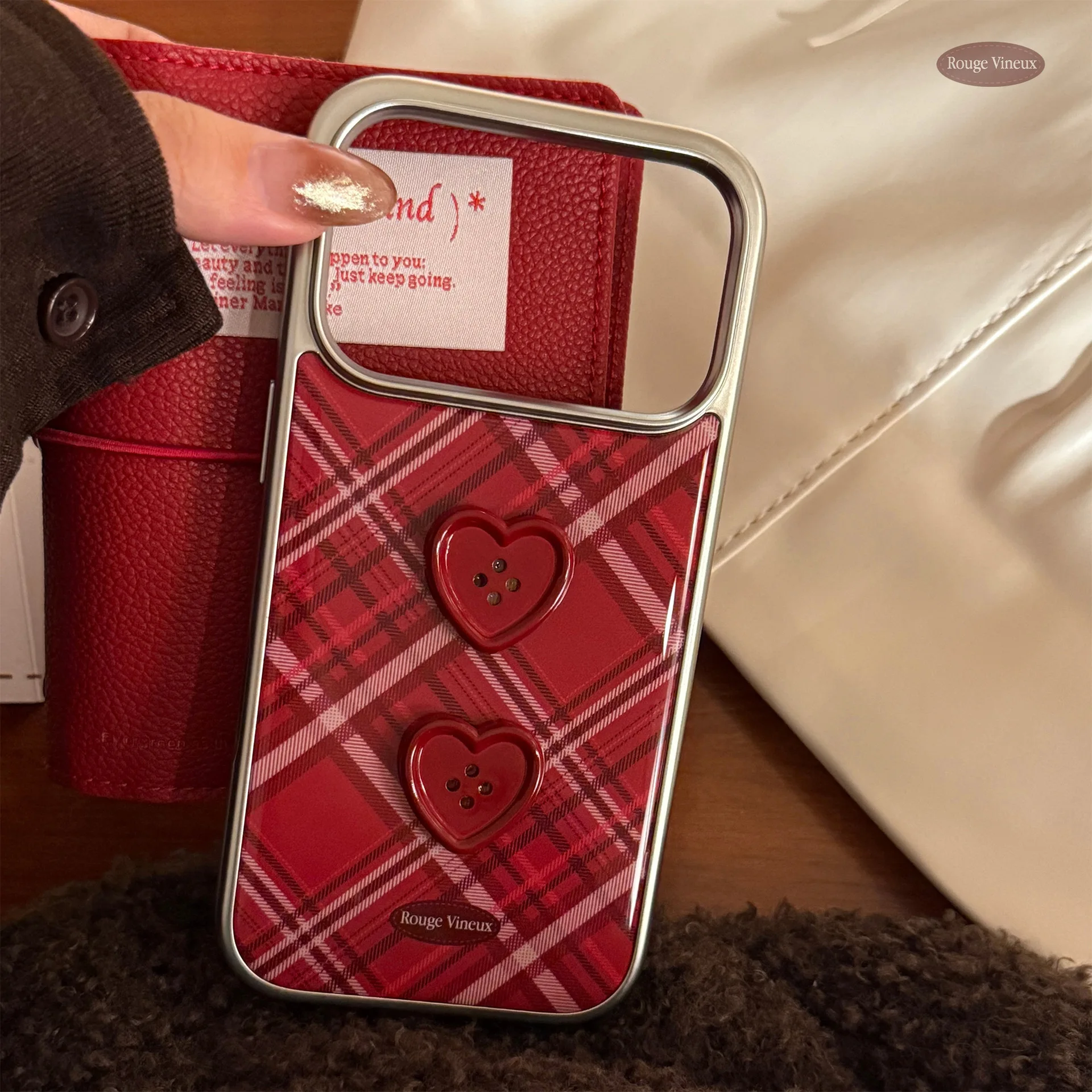 Grid Pattern 3D Love Heart Button Phone Case with Silver Edge Plating - Shockproof Hard Cover