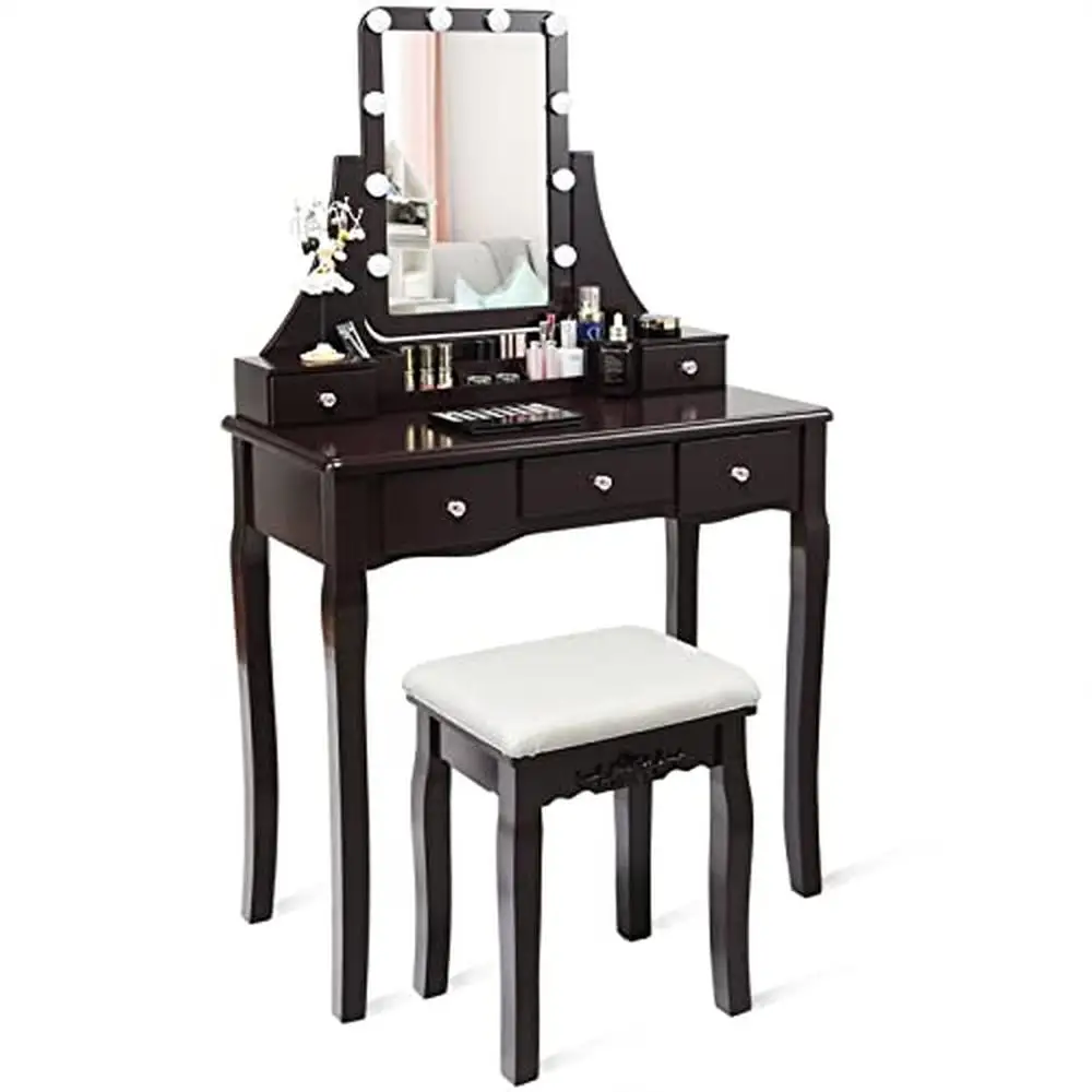 

Makeup Vanity Table with 10 Dimmable LED Lights Square Mirror Cushioned Stool & Organizers Jewelry Storage 360° Rotating Mirror