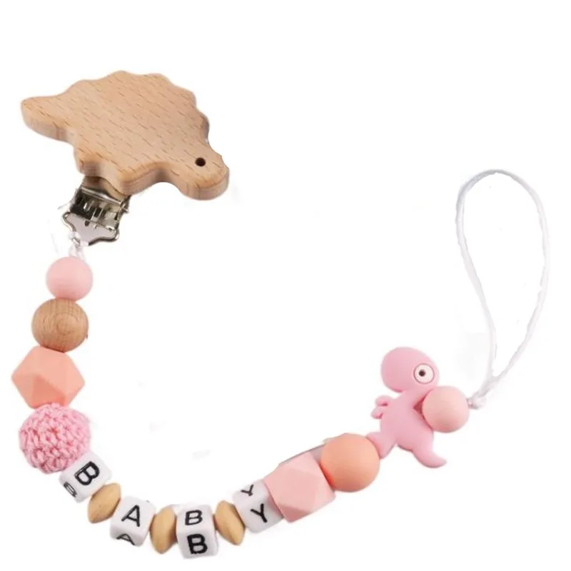 Custom Letter Name Dinosuar Pacifier Clips Chain Teether Pendants for Baby Infant Chew Leash Nipple Holder Teether Gifts