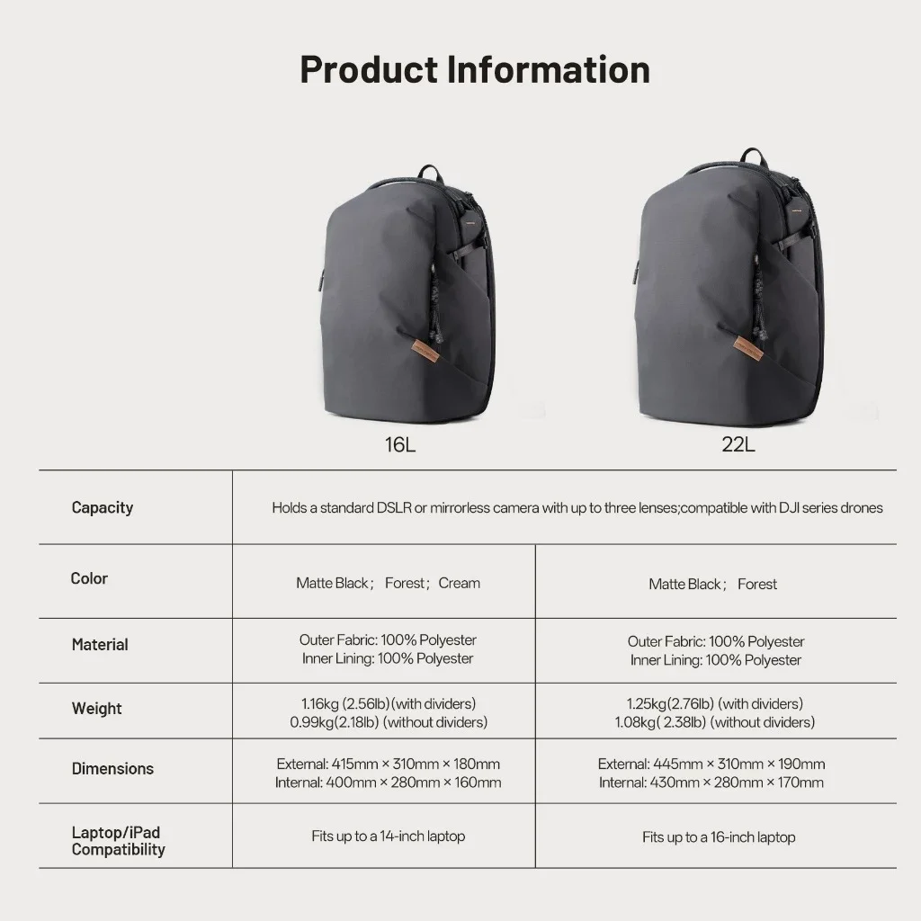 PGYTECH OneGo Lite Backpack 16L/22L - Lightweight Water-Resistant