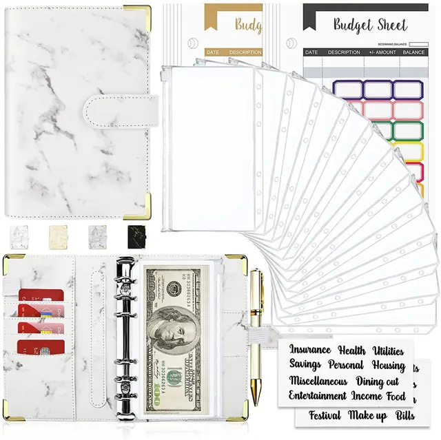 28Pcs Money Budget Planner Binder with Zipper Envelopes, Cash Envelopes for Budgeting, Money Organizer for A6 Cash Budget Binder Beige Marble-28pcs