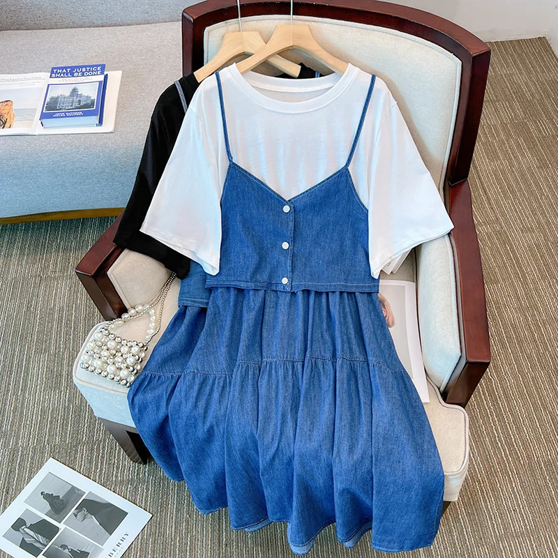 160Kg Plus Size Women\'s Bust 150 Summer Loose Strap Fake Two Piece Denim Dress Blue Large 5XL 6XL 7XL 8XL 9XL