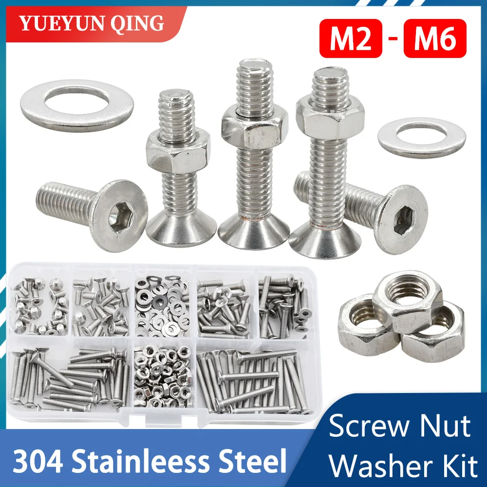 Hexagonal Countersunk Screw Nut Washer Set Metric Threaded Hex Bolt Nuts Spacer Kit Machine Screws Gasket Stainless Steel M2-M6