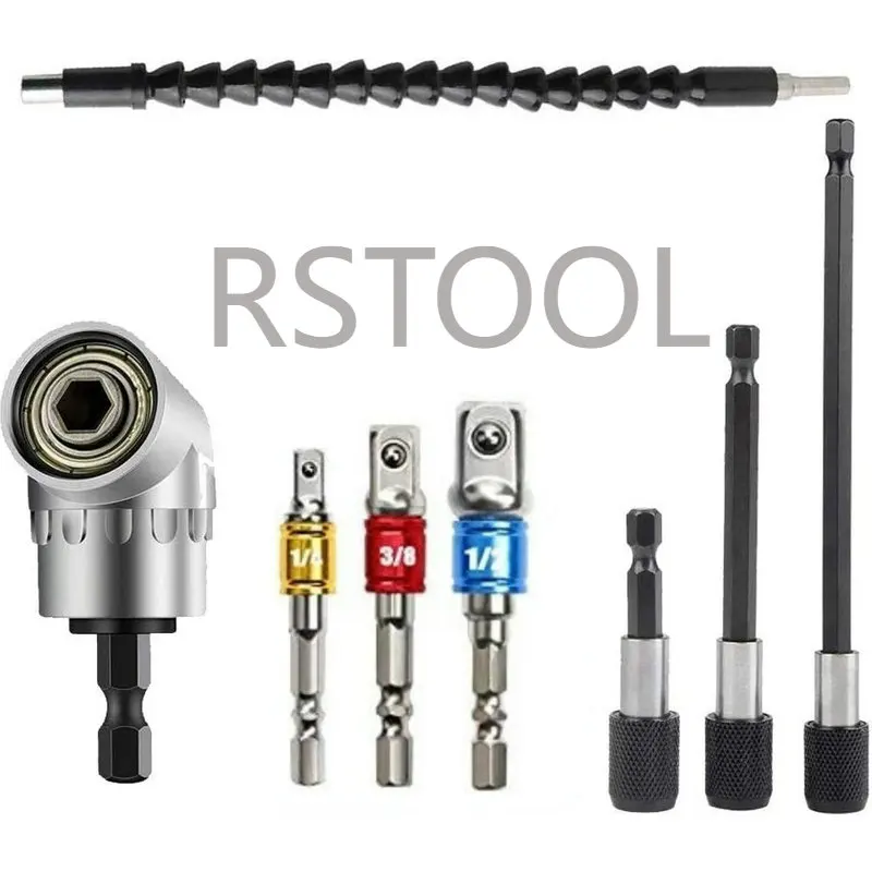 1/4'' 105 Degree Right Angle Drill+1/4 Extension Bar Hex Shank Screwdriver Bit Holder+Impact Socket Flexible Angle Extension Bit