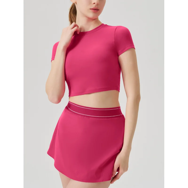 Solid Color New Tennis Top Skirt Set Outdoor Yoga Wear Sports Short t shirt and Skirt Fitness Runnning Picklebal Wear for Women