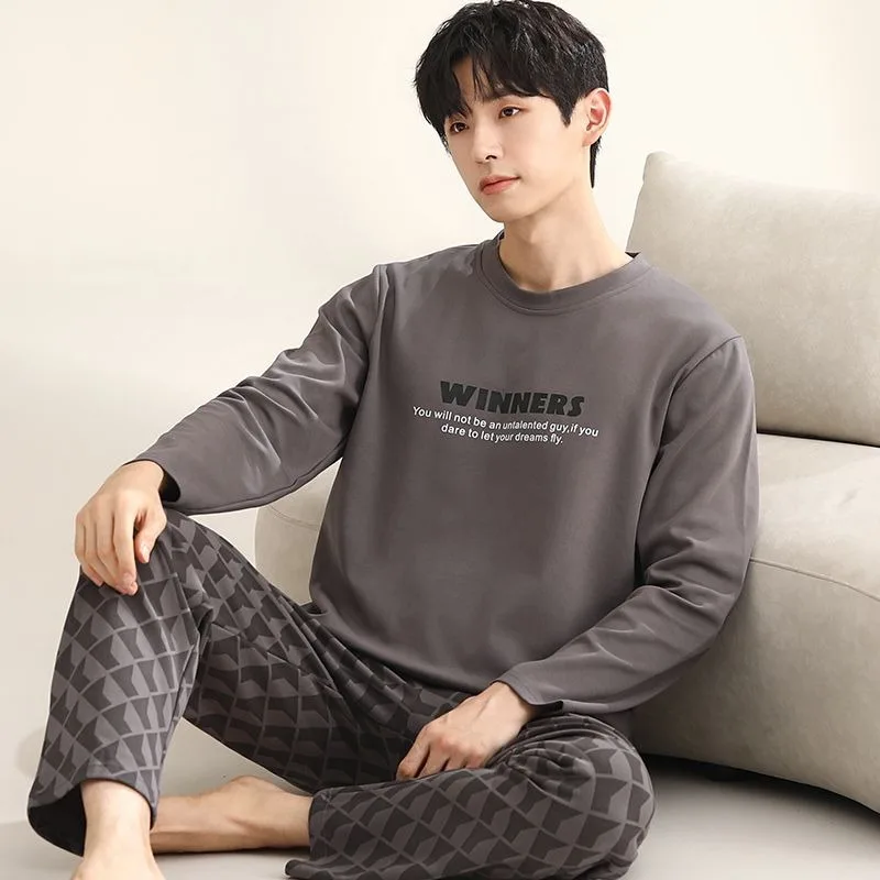 2024 New Pure Cotton Pajamas Men's Long Sleeved Spring Autumn Sleepwear Youth Plus Size Loose Loungewear Student Homewear Set