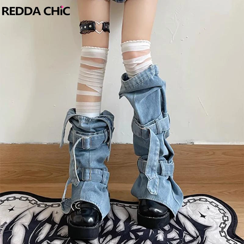 

Женские Асимметричные гетры ReddaChic из синей джинсовой ткани, милые яркие сапоги в японском стиле для девушек, высокие носки до бедра