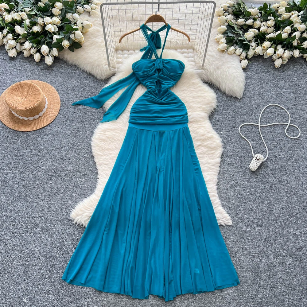 Chic vintage Spliced hollow out halter Elegant Fairy korean fashion Boho Sundress women clothing Long dress
