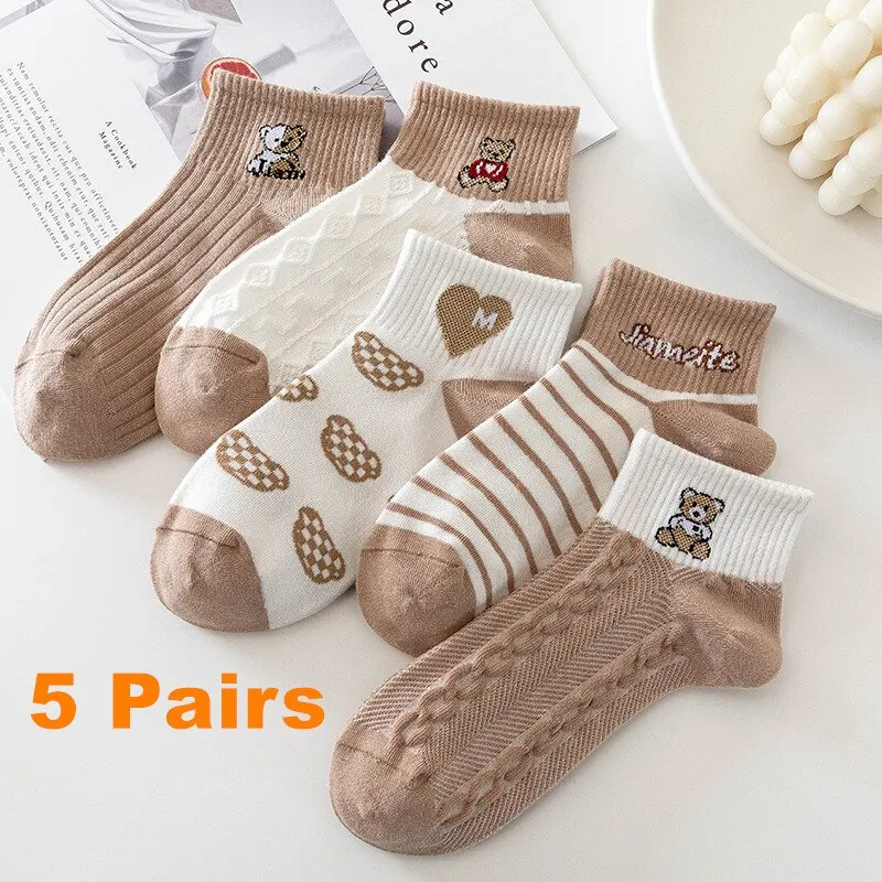  5 Pairs Women Elegant Socks Retro Polyester Cotton Low Tube Girl Breathable Japanese Style Casual Stockings 