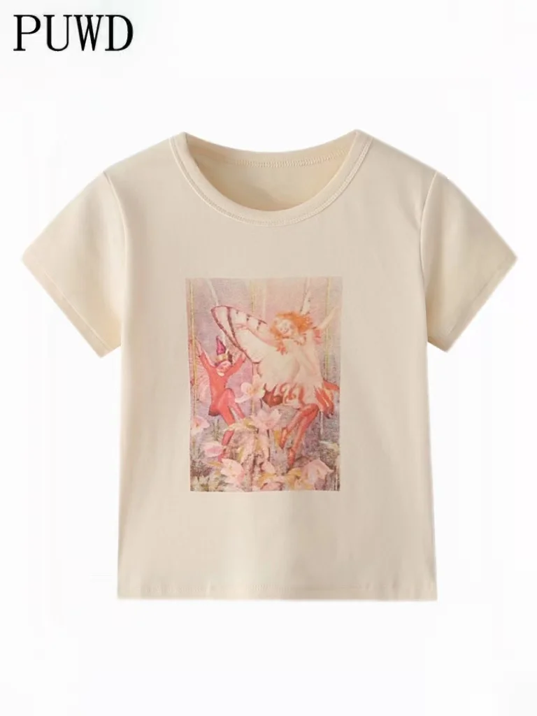 

PUWD Sweet Girl Yellow Printed T-shirts 2022 Summer Fashion Ladies Short Slim Tees Vintage Women Soft Cotton Chic Girlish Tops