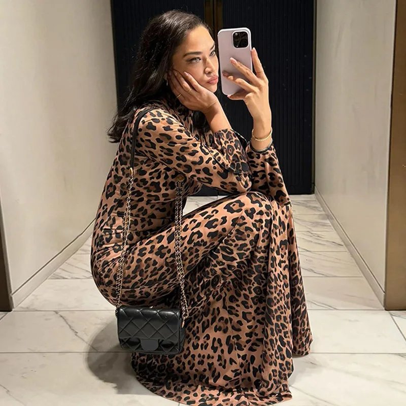 Leopard Printed Slim Long Dress Female Fashion Patchwork Contrast Elegant Long Sleeve Party Dress For Women Autumn Dress