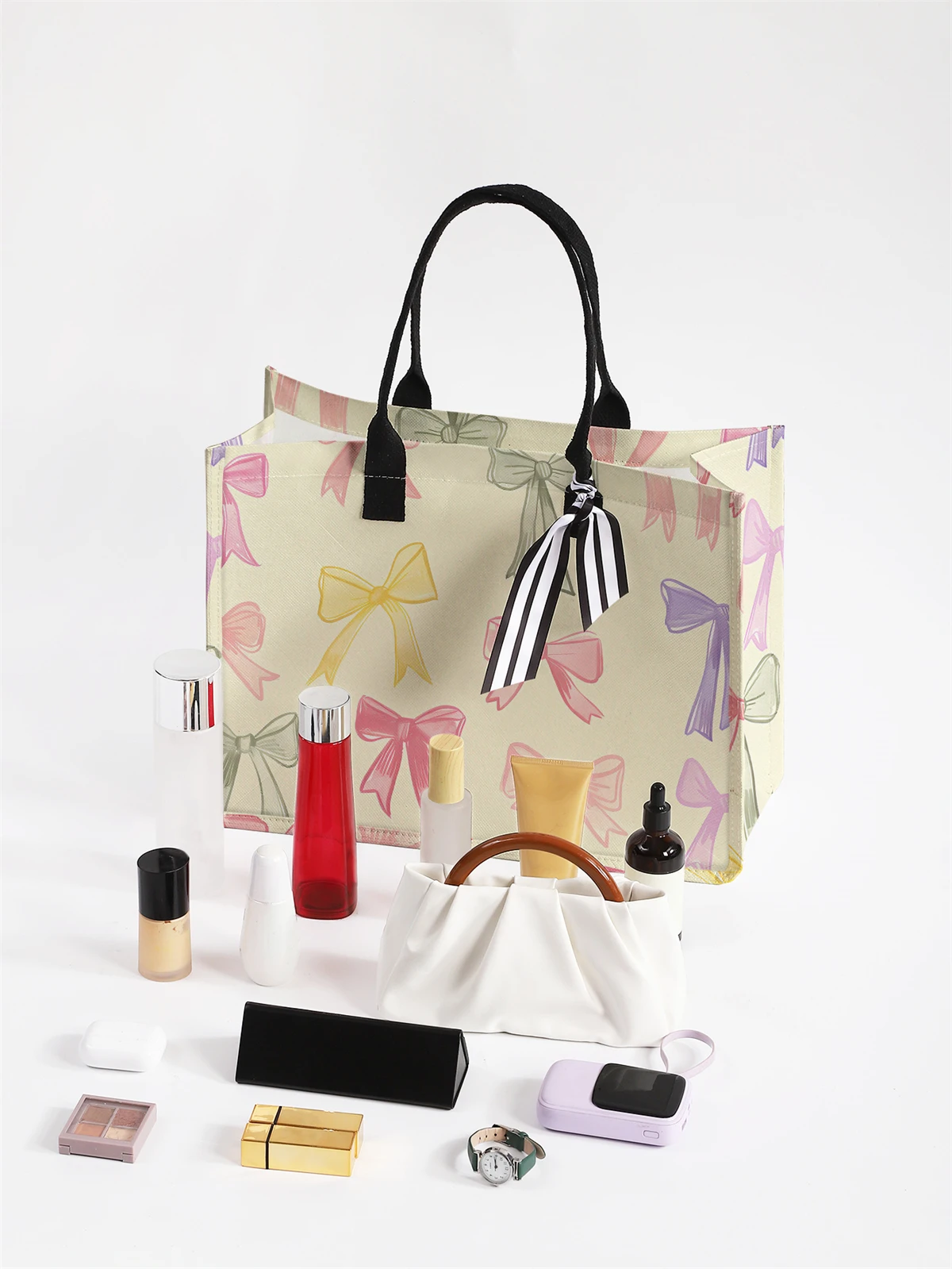 Bow pattern printed handbag - handbag, women's gift handbag, beach bag, suitable for large capacity handbags of men and women