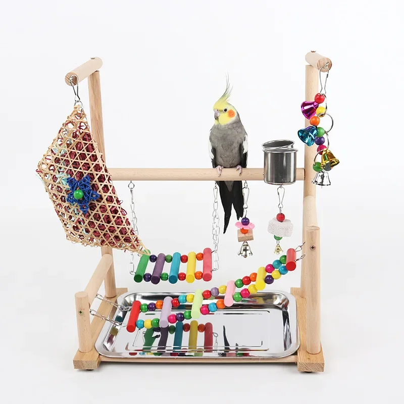 Wooden Parrot Stand Bird Playground Parrot Playstand Multi Toy Combination Interactive Training Frame Bird Shelf Standing Stick