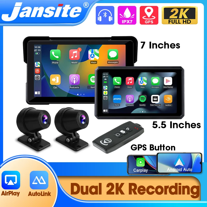 Jansite - Écran Moto Connecté 7 Pouces | Compatible Apple CarPlay & Android Auto Sans Fil | Étanche IP67, Tactile | GPS, Bluetooth Double | Pour Personnalisation Moto
