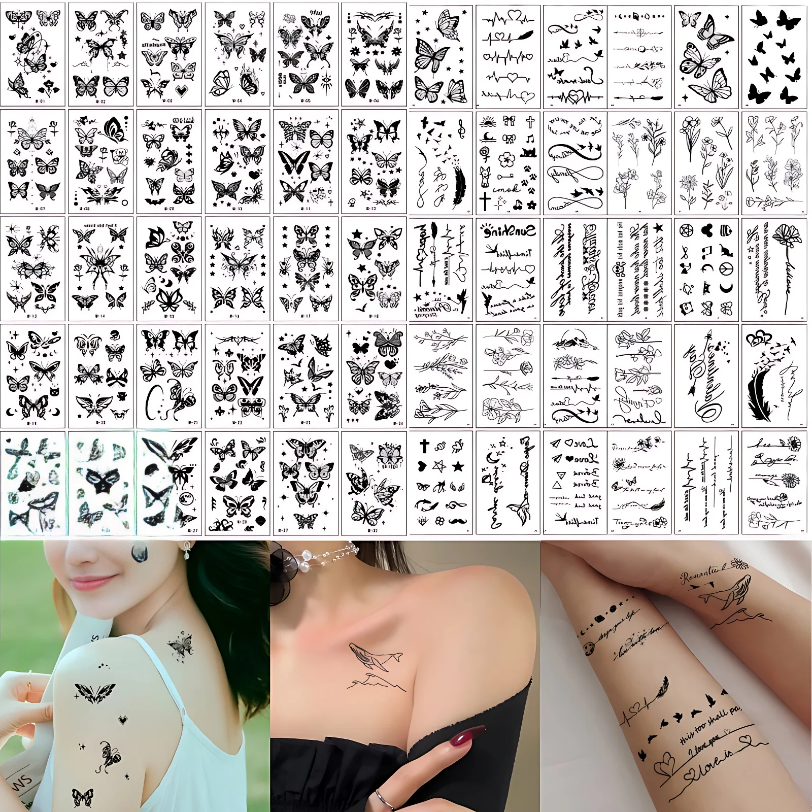 60pcs/set Women Girls Long Lasting Tattoos Sticker Butterfly Quote Flower Tiny Heart Fake Temporary Tattoo Adhesive for Clavicle