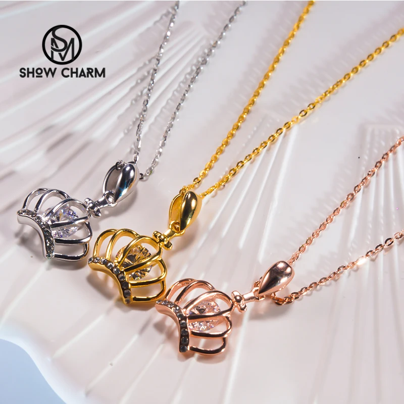 

New S925 Sterling Silver with Rose Gold Plated Moissanite Crown Pendants Necklace for Women Clavicle Chain Fine Jewelry Flash