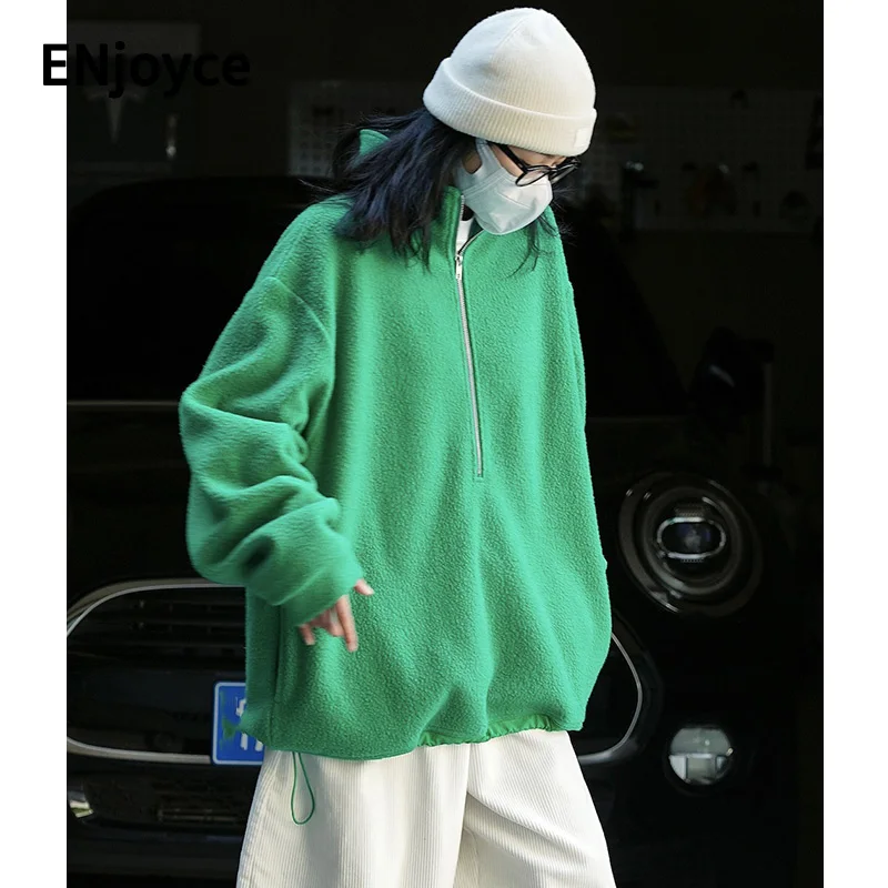 

Женский бархатный свитер на молнии ENjoyce, повседневный толстый Свободный пуловер с воротником-стойкой, теплый хлопковый топ в винтажном стиле, зима