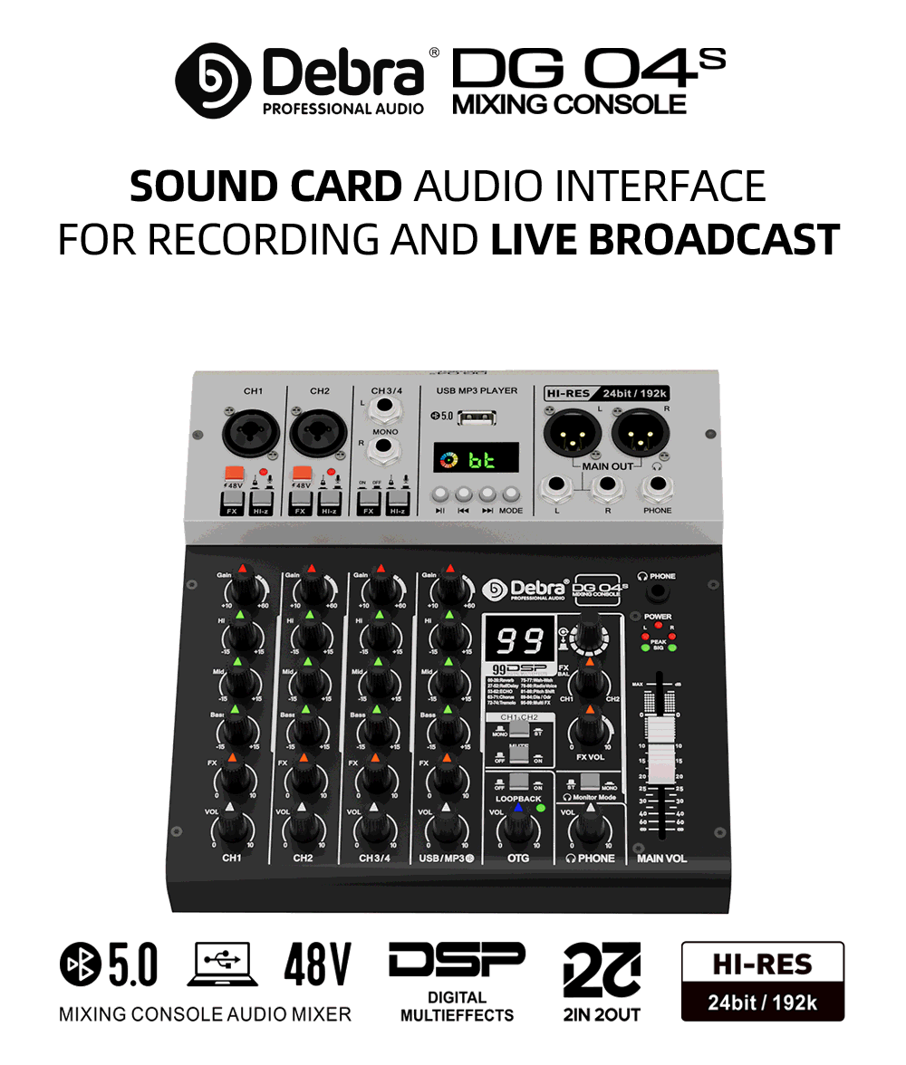 Debra DG04S Professional 4-channel Mixer Sound Card OTG Recording Output USB,Blu