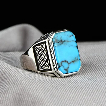 Vintage Men Handmade Turkish Turquoise Ring Ancient Silver Color Cross Pattern Ring Trend Islamic Religious Museum Jewelry