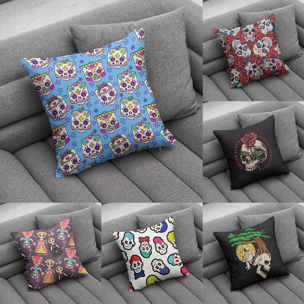 

Fun Halloween Skull Pillow Cover Home Party Decorative Cartoon Kawaii Cushion Cover For Sofa Bedside Short Plush Hand Pillowcase