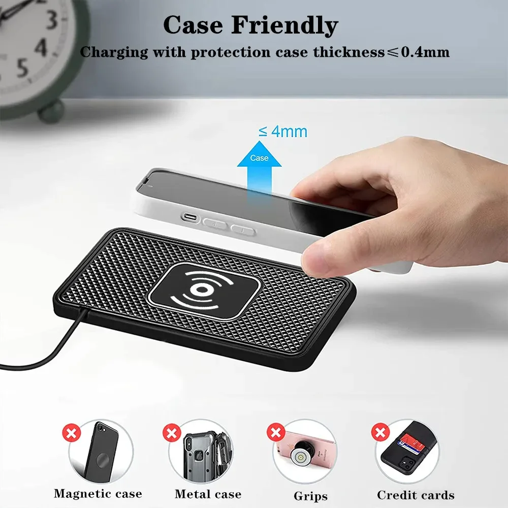 Fast Wireless Car Charger Pad with Anti-Slip Mat - Universal Case-Friendly Design