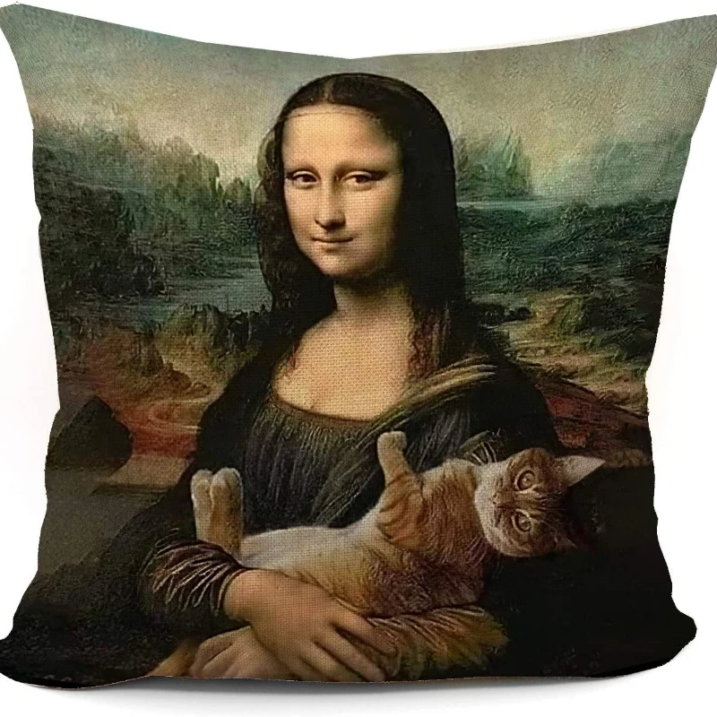 

Mona Lisa and Cat Throw Pillow Cover Funny Cat Pillowcase Birth Gifts Pillow Case Decor 18 X 18 Inch for Sofa Couch Bed Chair