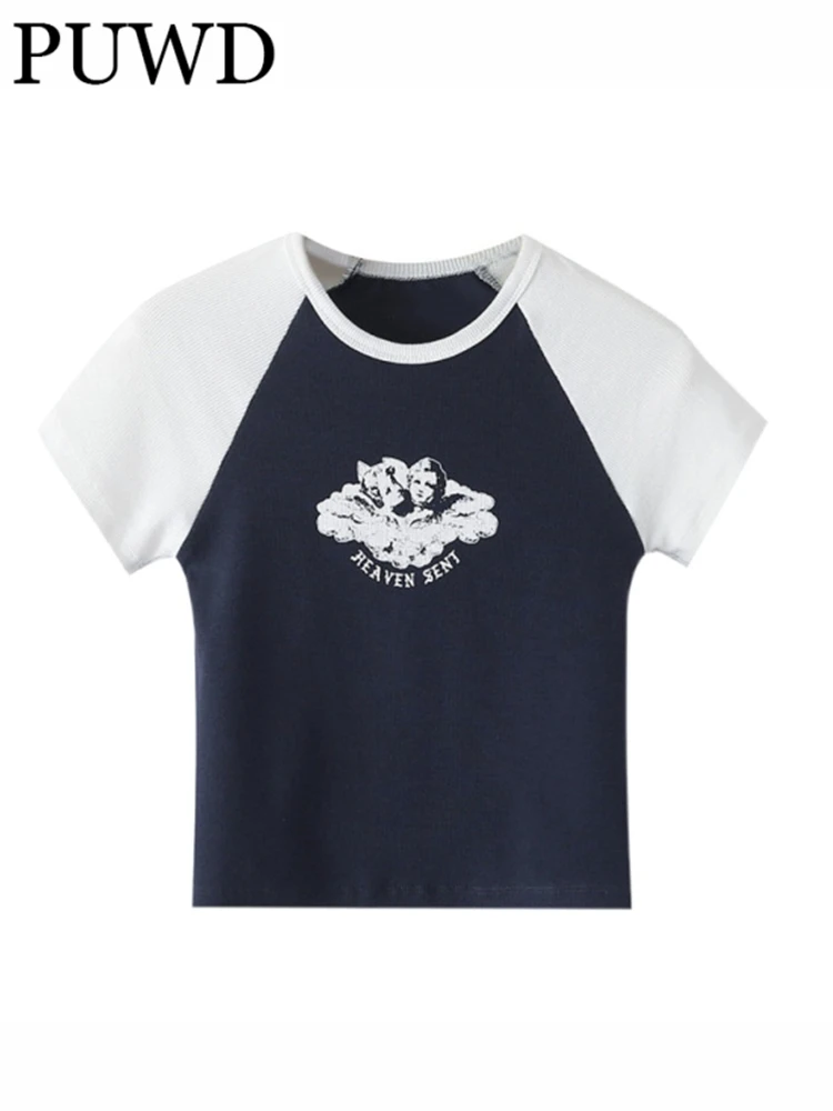 

PUWD Women Printed Patchwork O Neck Tees 2022 Summer Fashion Ladies Casual Short Sleeves Girls Knitted Soft Cotton Top