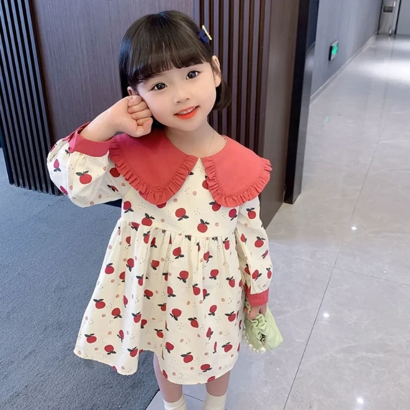 

Girls Dress New Spring Autumn Long-Sleeve Floral Printed Doll Collar Loose Cute Toddler Kids Clothes Dresses for Girls Q278