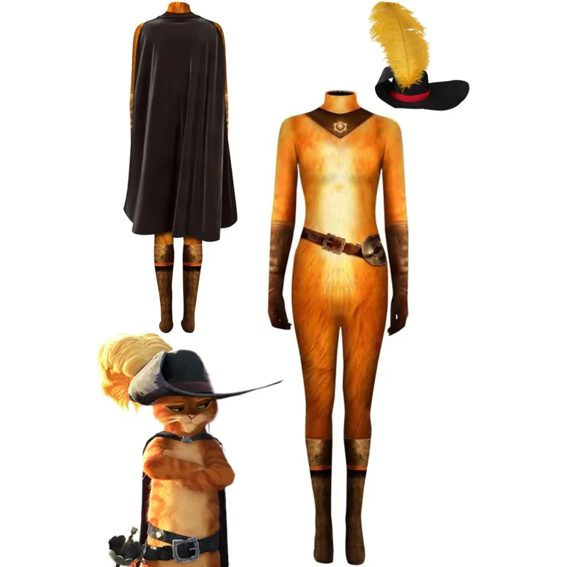 Enfant & Adulte Puss in Boots Combinaison+Cape Cosplay Costume