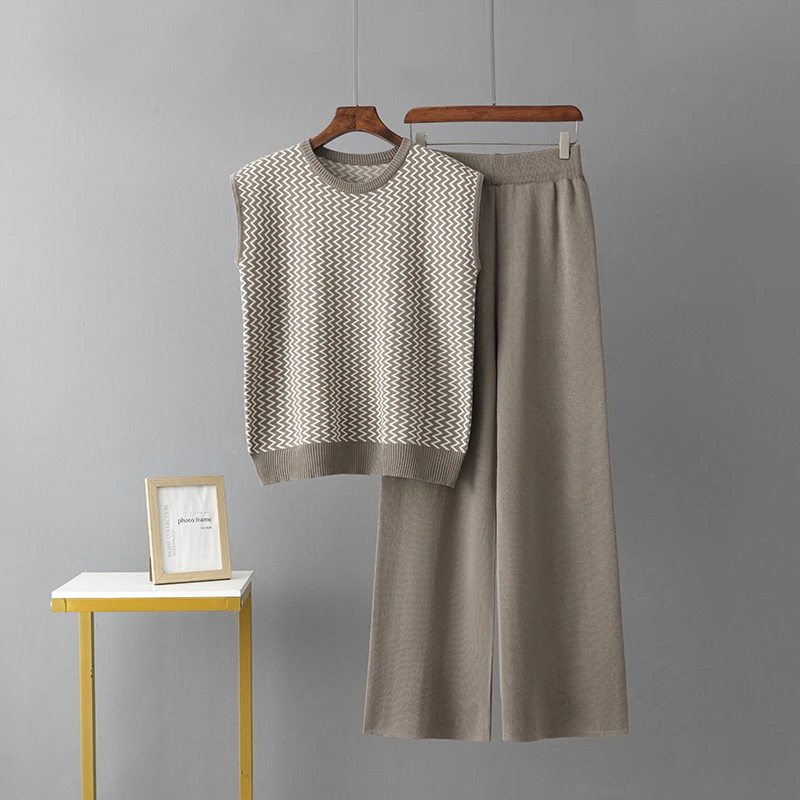 Jacquard Summer 2-Piece Sets New Simple Loose Sleeveless Knitted Waist coat Tops with Wide Leg Pants Knitted Two-piece for Women