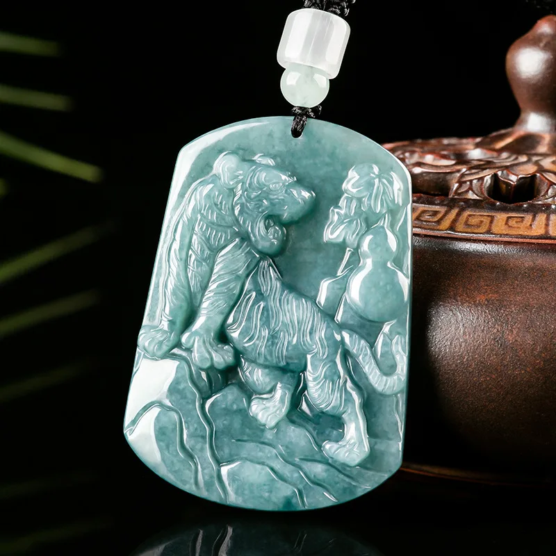 

Mai Chuang/Hand-carved/Natural Jade Blue Water Zodiac Tiger Brand Necklace Emerald Pendant Fine Jewelry Fashion Men Women Gift