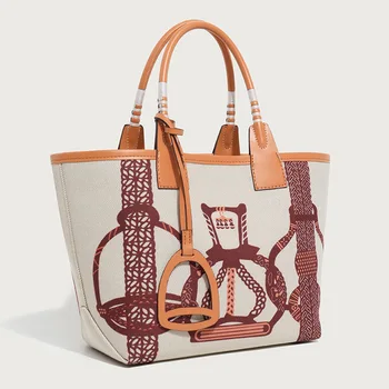 Equestrian Print Structured Tote Bag with Leather Trim