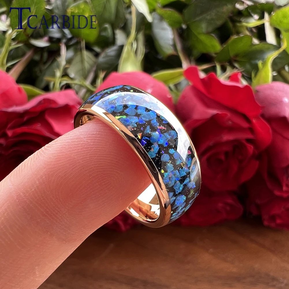 8mm Black Tungsten Engagement Wedding Band Men Women Ring Galaxy Series Opal Inlay Dome Polish Fashion Gift Jewelry Comfort Fit