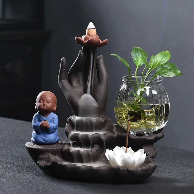 

Zen Monk Home Ornaments Buddha Hand Ceramic Handicrafts Backflow Incense Burner Lotus Stick Holder Purple Clay Censer