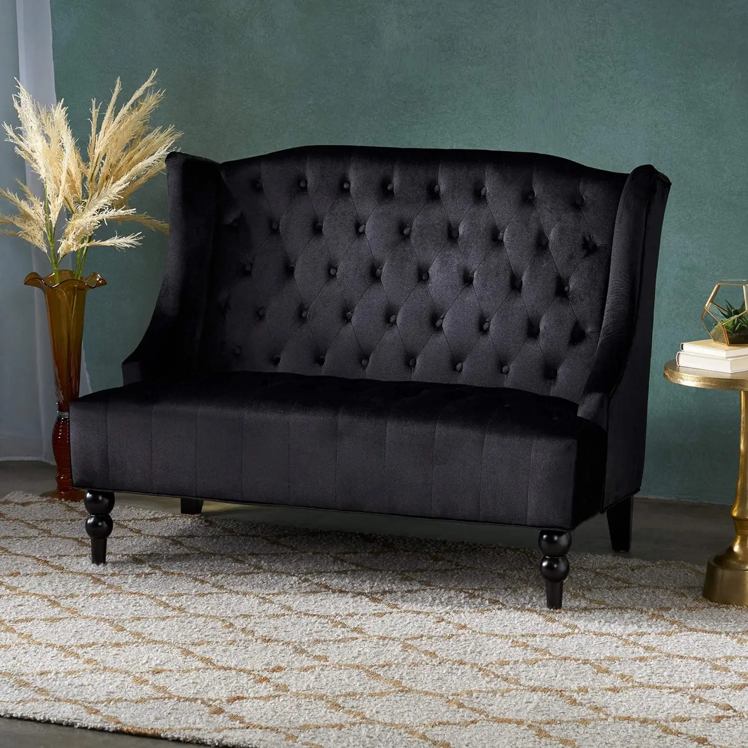

Leora Modern Glam Tufted Velvet Wingback Loveseat, Black