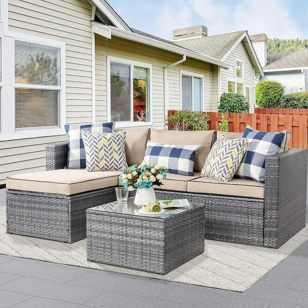

Furniture Sets 3 Pieces Outdoor Sectional Sofa Silver All-WeatherSmall Conversation Couch Washable Cushion Glass Table（Khaki）