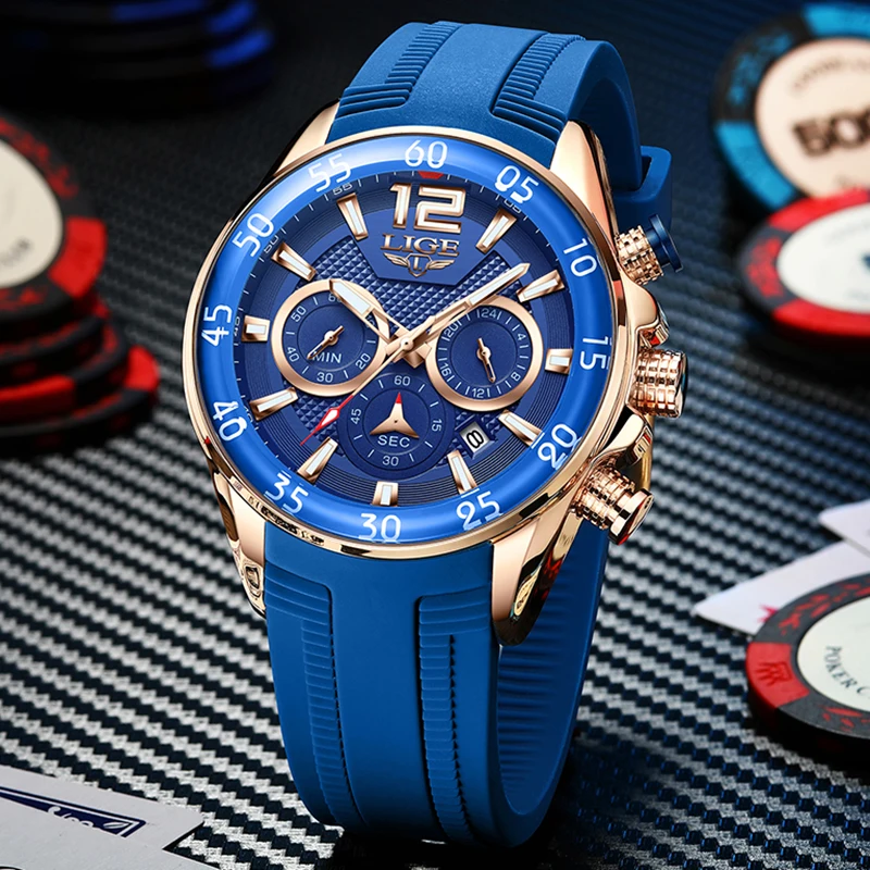 LIGE New Fashion Watches For Men Top Brand Luxury Waterproof Silicone Watch Men Casual Chronograph Quartz Men Watch Montre Homme