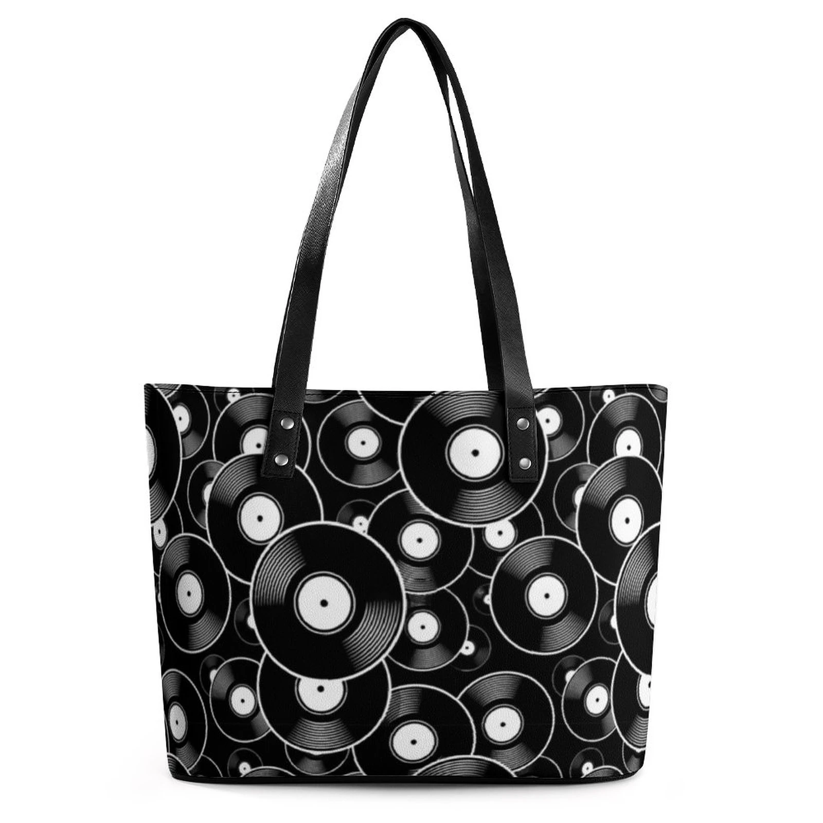 Bolsos de mano Retro de discos de vinilo, bolso de hombro Kawaii en y negro, bolso mano de cuero PU para exteriores, bolso de compras diseño gráfico para mujer| | -