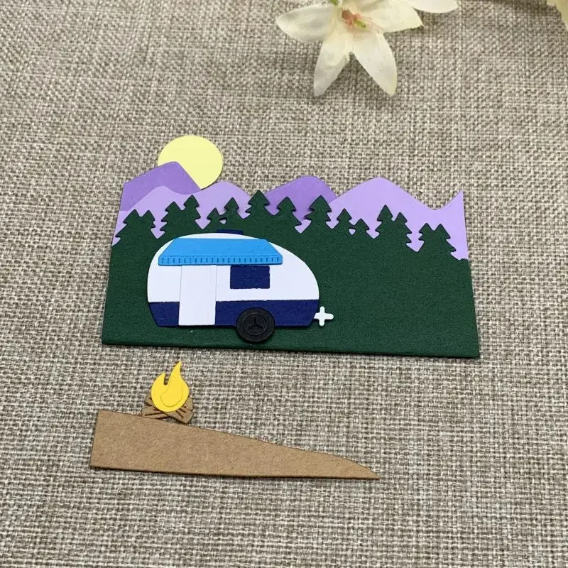 Camper Hillside Tree Strip Metall-Stanzformen für DIY-Scrapbooking, dekorative Prägung, Handarbeit, Stanzform, Schablonenform