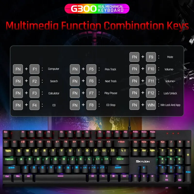 SKYLION-Clavier filaire à membrane H300, nombreux types d'éclairage coloré,  jeu et bureau, Windows et IOS, 104 prédire